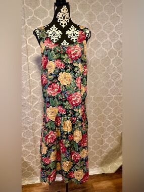 Byer California Dark Floral 80s/90s Vintage Drop Waist Dress size L